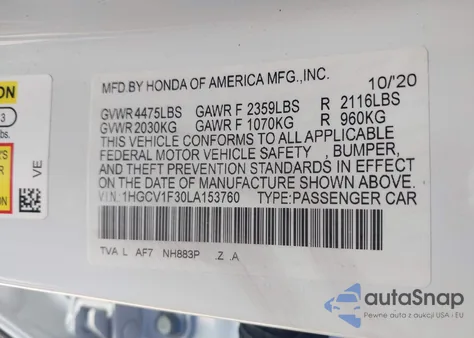 2020 Honda Accord Sport z USA, uszkodzony, nr VIN 1HGCV1F30LA153760